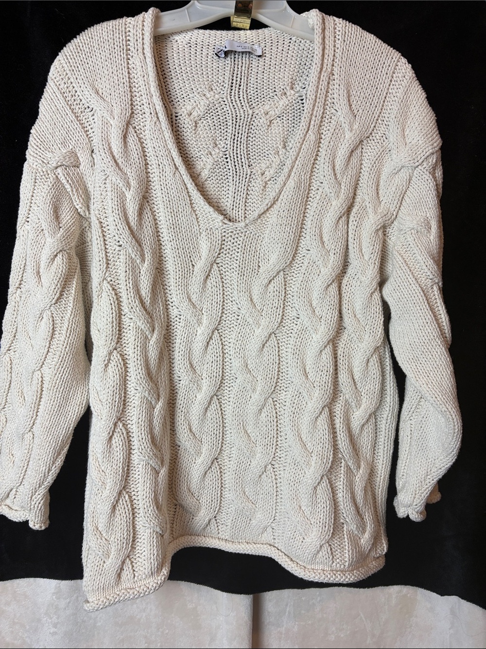 Zara Cream Cable-Knit V-Neck Summer Sweater Sz S Classic Oversized Butter Mom